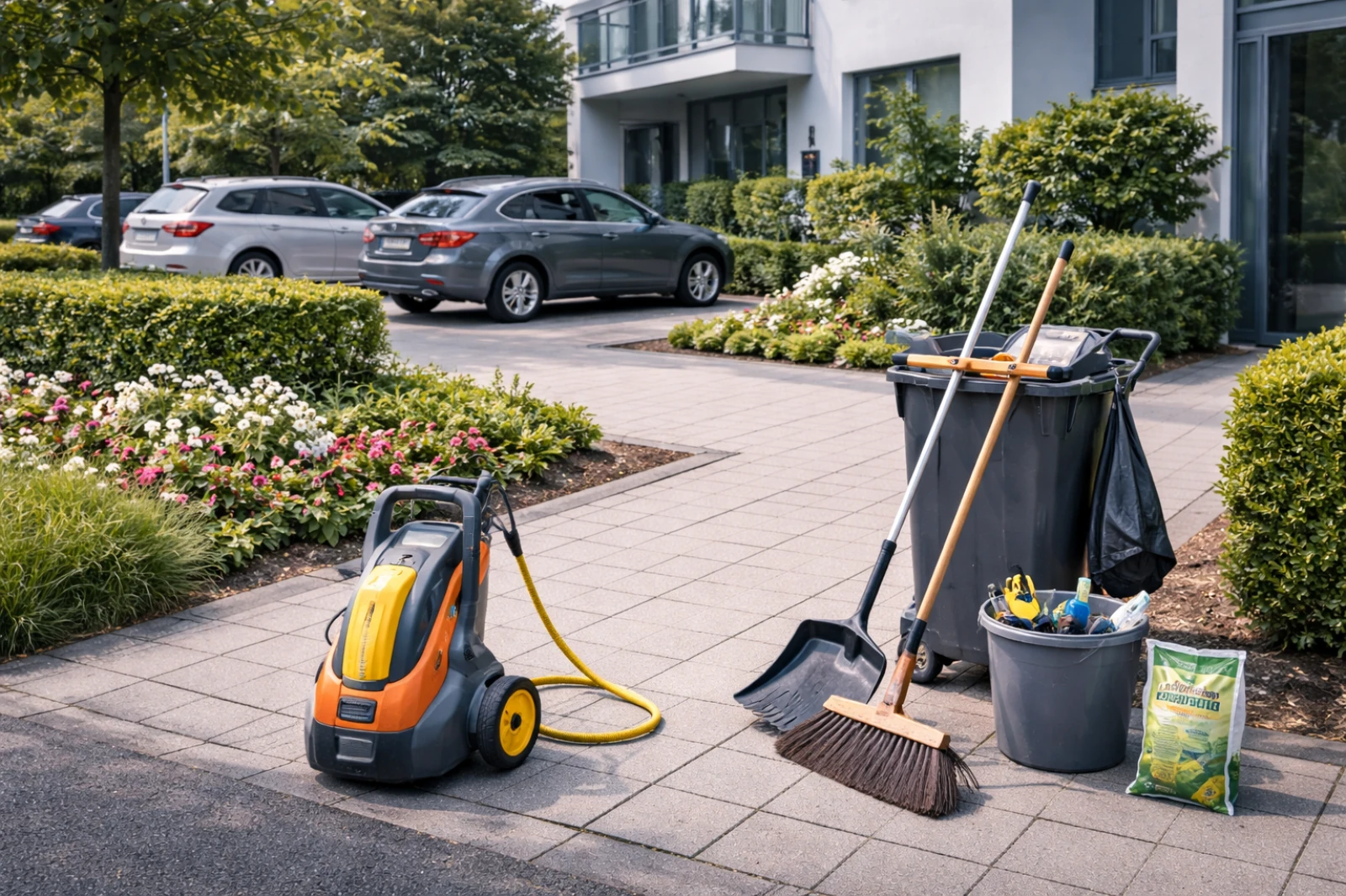 Außenanlagen sauber halten: Tipps für Gehwege, Parkplätze und Grünflächen